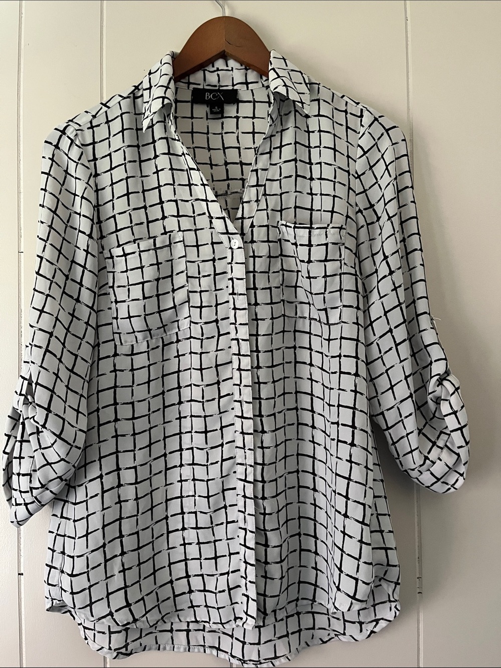 BCX White and Black Grid Button-Down Shirt